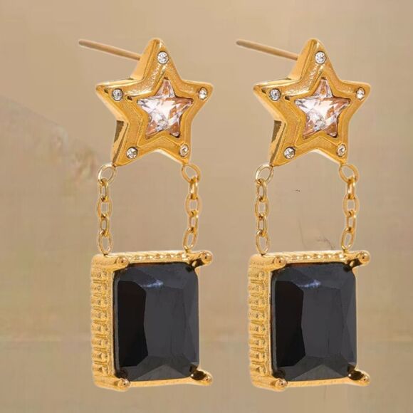 New Stunning 18k Gold Ss and Black Cubic Zircona Star Drop Earrings - Picture 1 of 9